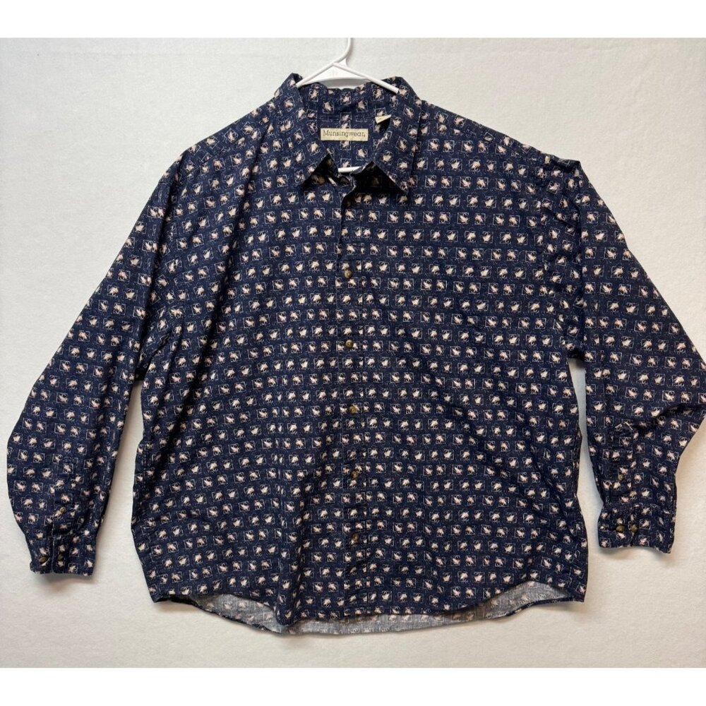 Munsingwear Vintage Navy Button-Down Shirt Fishing Pattern Men’s 2XL 100% Cotton